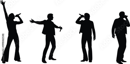 Silhouette singers performing on stage, microphone holding poses, music concert illustration, vocalists expressive movement, entertainment art, minimalist vector design