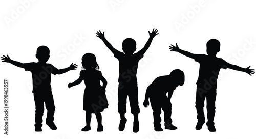 Fotografi Children with arms raised in joyous celebration a dark silhouette