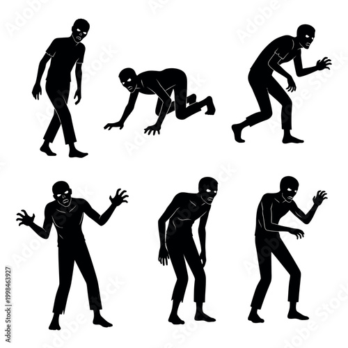Fotografie Spooky Zombie Silhouette Characters and Undead Creatures Vector Set
