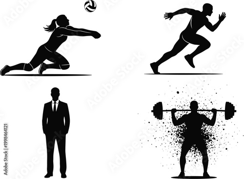 Volleyball player silhouette, runner silhouette, business professional silhouette, weightlifter silhouette, fitness vector illustration, sports design reference, human activity study, minimal art