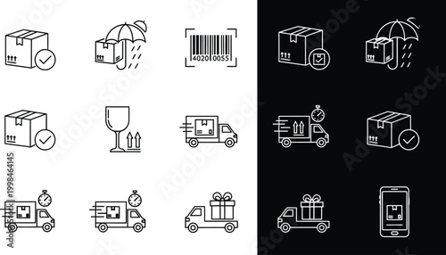 Logistics icons set illustrates various delivery services and package handling procedures using clean minimalist line art.