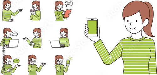 Woman communicating through various digital devices demonstrates modern remote working lifestyle and everyday connectivity.