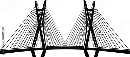 Cable-stayed bridge silhouette illustration featuring tall towers and diagonal cables, modern engineering vector graphic, architectural design art, black-and-white drawing