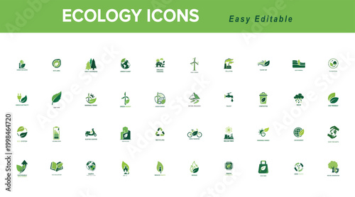 Ecology icons set with green theme representing nature and sustainability wind turbine water drop sustainability environment recycling conservation renewable pollution