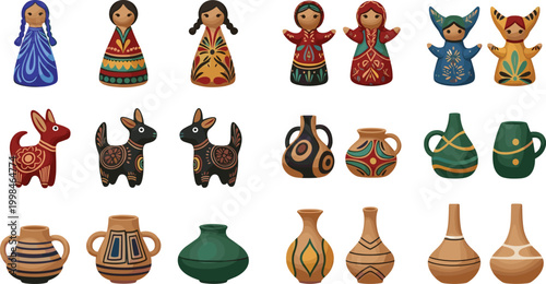 Set of Traditional Clay Dolls and Decorative Folk Art Pottery Featuring Colorful Hand Painted Patterns and Stylized Animal Figurines for Cultural Graphic Design