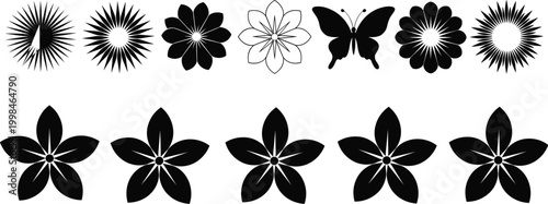 Set of black flower silhouettes floral icons and a butterfly vector isolated on white background for graphic design