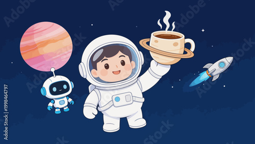 Astronaut with coffee and robot in space