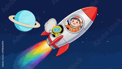 Cartoon astronaut and robot in space rocket