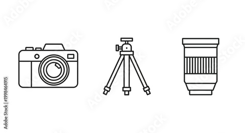Set of photography equipment icons including camera, tripod, and lens in thin line style