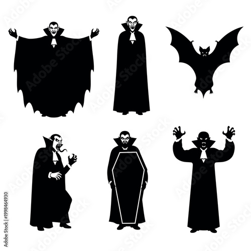 Classic Vampire Silhouettes and Dracula Character Vector Icons Set