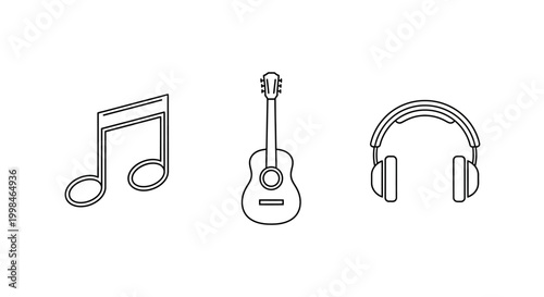 Minimalist music icon set featuring a musical note, acoustic guitar, and headphones.