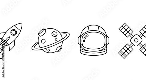 Set of space exploration icons in minimalist line art style
