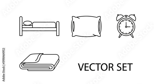 Set of bedroom and sleep line icons including bed, pillow, alarm clock, and blanket.