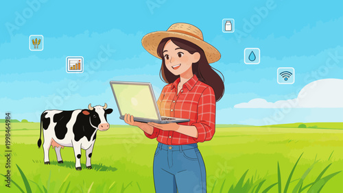 Woman with laptop and cow in field