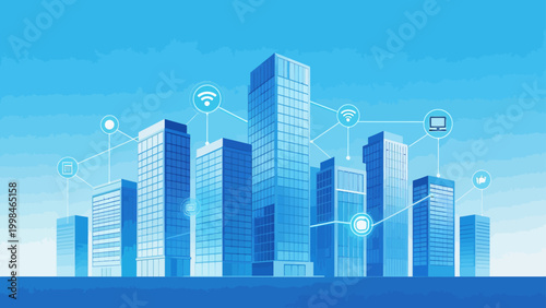 Connected skyscrapers in blue cityscape