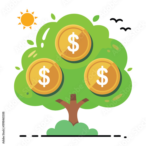 Cartoon tree with dollar coins and sun background representing wealth growth investment success and financial prosperity in playful vector illustration style
