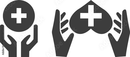 Medical and healthcare icons set featuring red cross symbols, blood drops, emergency signs and health care elements. Ideal for hospitals, clinics, apps and safety designs.