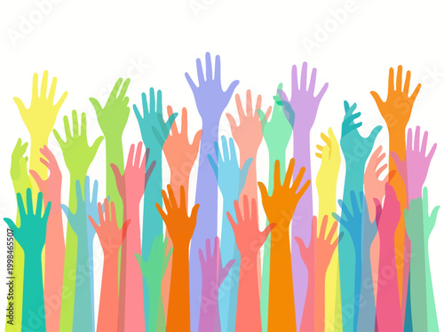 Tableau sur toile Colorful Hands Raised Up Illustration Representing Diversity, Inclusion, Communi