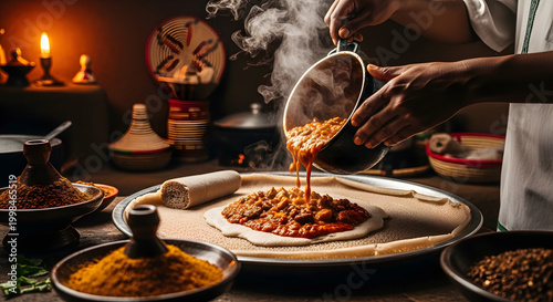 Pouring Rich Meat Stew Over Traditional Flatbread in Rustic Setting