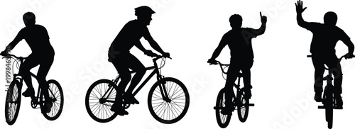 Active people riding bicycles silhouette set, mountain bike riders group, professional cycling vector collection, outdoor sports activity, man on cycle isolated on white background.
