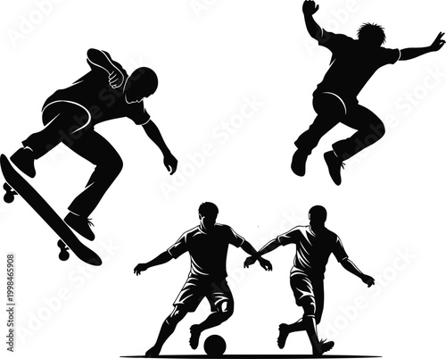 Active sports silhouettes collection featuring skateboarder jumping man and soccer players for athletic lifestyle design competition elements urban street culture and dynamic movement illustrations,