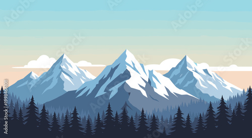 A serene and stylized mountain forest scene evoking calmness and inspiration, ideal for travel blogs or promoting a sense of adventure and tranquility