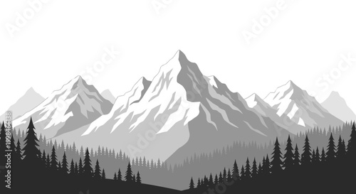 A serene monochrome illustration depicting a dense forest against a mountainous backdrop. Ideal for conveying tranquility, growth, or nature-inspired 