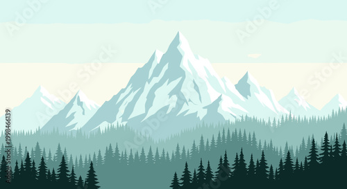 Serene mountain vista with a dense evergreen forest evokes feelings of peace, perfect for travel blogs or nature-inspired marketing campaigns.