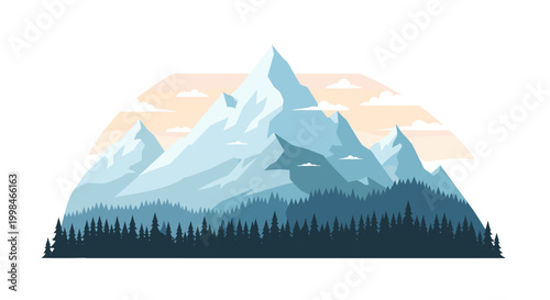 Serene mountain landscape illustration evokes tranquility and inspires a sense of adventure, ideal for travel blogs, website backgrounds, or marketing