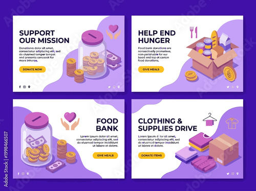 Charity and Donation Banner Set with Food Bank, Clothing Drive, and Monetary Donation Illustrations in Isometric Vector Style