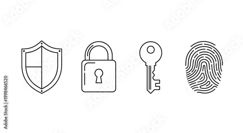 Security icons: shield, lock, key, and fingerprint.