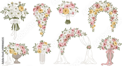 Konstfotografi Elegant Wedding Floral Set With Bouquets Arches Vases And Romantic Rose Arrangem