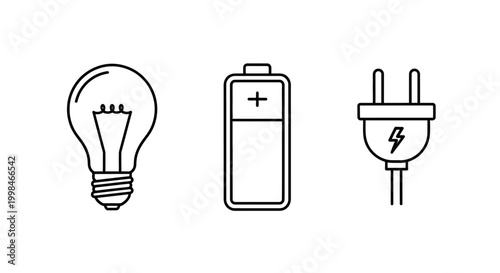 Icons representing electricity: light bulb, battery, and plug.
