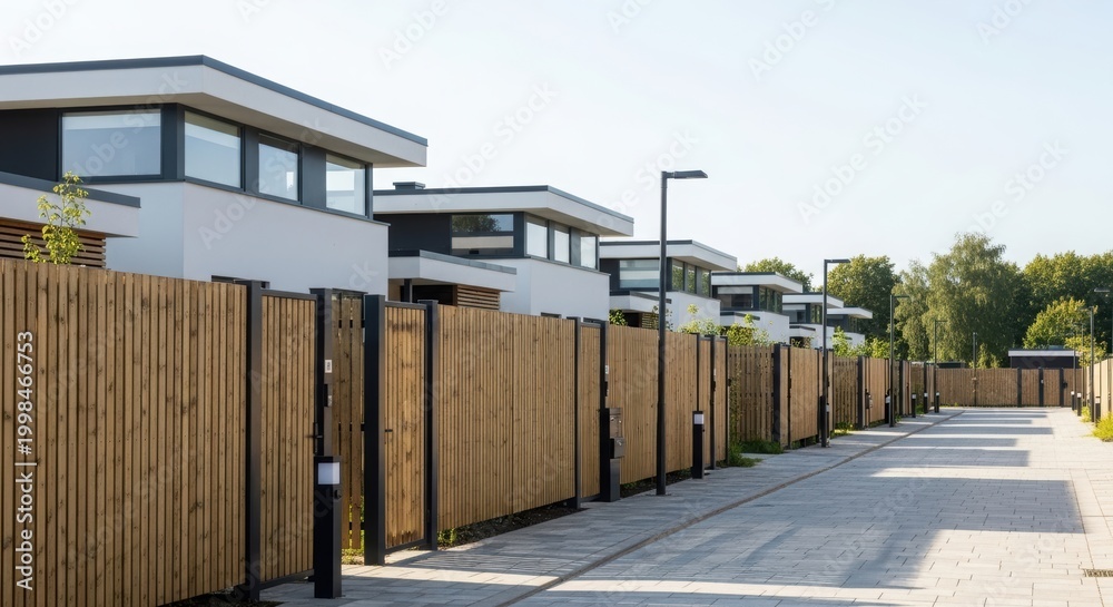 Obraz premium Modern residential houses with wooden fence along paved walkway. Suburban street view of contemporary townhouses. Real estate development and architecture concept for housing market.