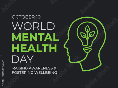 World Mental Health Day Poster for October 10 with Human Head Profile and Lightbulb Plant Icon, Awareness and Wellbeing Concept