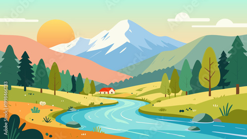 Mountain landscape illustration with river and trees scenic view