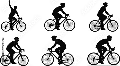 Bicycle rider silhouettes set, professional cyclist racing icons, man riding bike collection, outdoor sports activity, cycling competition, fitness workout vector, isolated white background, black.