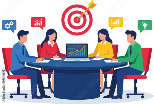 Business team meeting around a table with target and strategy discussion