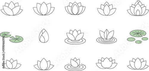 Minimalist Lotus Flower and Lily Pad Vector Icon Set for Spa, Yoga, Meditation, Wellness, and Digital Designs
