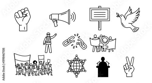 Various protest and activism icons shown.