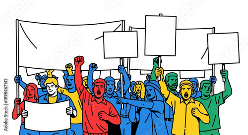 Protesters with signs and fists raised.