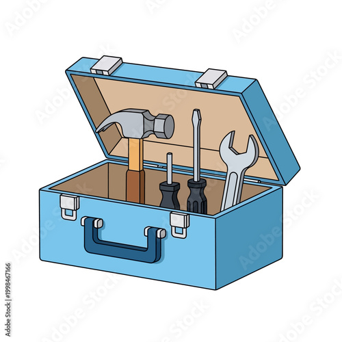 Open Blue Toolbox with Hammer, Screwdrivers, and Wrench
