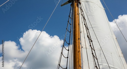 A low-angle view of a tall wooden sailboat mast and a large white sail stretched out.