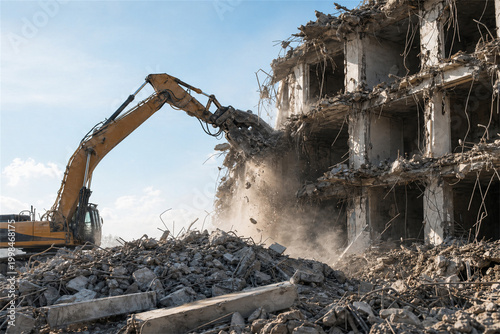 Building demolition site with excavator breaking concrete and rubble debris