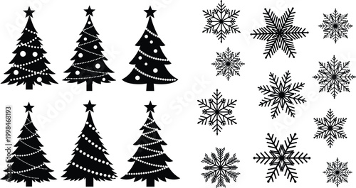 Christmas tree silhouettes and snowflake vector icons collection for winter holiday design festive seasonal celebration elements New Year decorations and creative cold weather graphics,