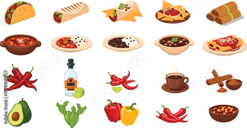 Mexican Food Icon Set with Traditional Dishes, Ingredients, and Beverages Illustrations Including Tacos, Burritos, Nachos, Chili, Avocado, Tequila, and Spices for Menus and Recipes