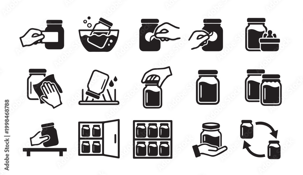 Fototapeta premium Canning and jar sterilization instruction icons with sterilization, sanitizing
