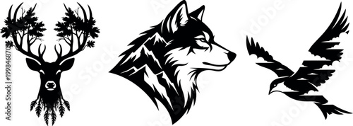 Wild animal silhouettes with double exposure landscapes, wolf head with mountains, deer with forest antlers, flying bird vector set