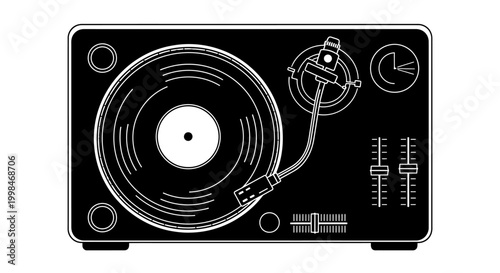 Black and white vector illustration of a classic turntable for music playback