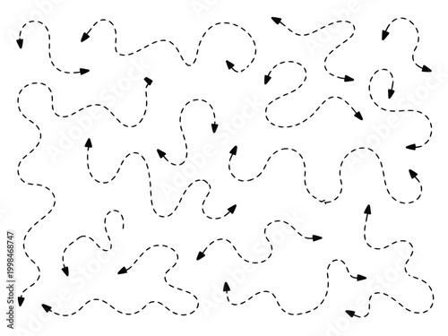 Dashed Line Arrows Set,Sets of black drawing arrows and icons. Vector background,Hand drawn arrow vector set with dotted lines and curves for infographic design, directional pointers or sketch icons.